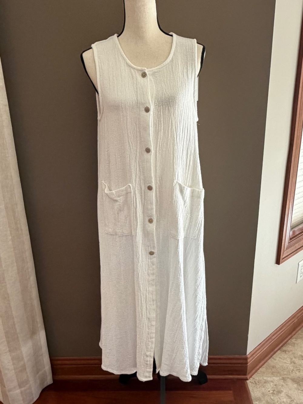 White Cotton Sleeveless Maxi Dress, Cover Up, Button Down, Maxi, Size XL